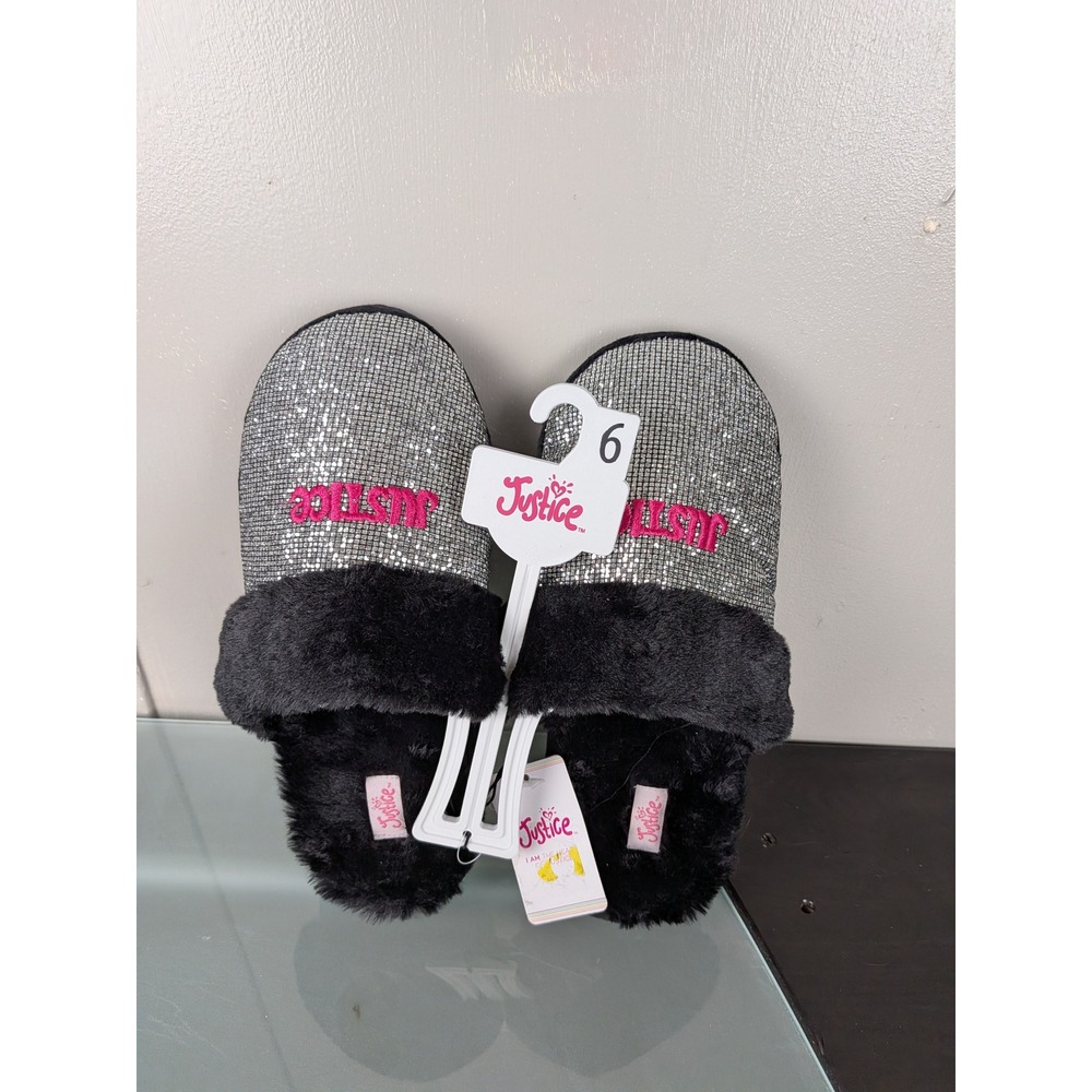 Justice Girls Silver Rhinestone Black Faux Fur Slippers Pink Logo Size 6 NEW